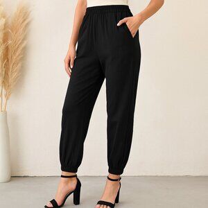 Anna Kaci NEW Black Elastic Waist Cotton Blend Jogger Pants Size S M L XL